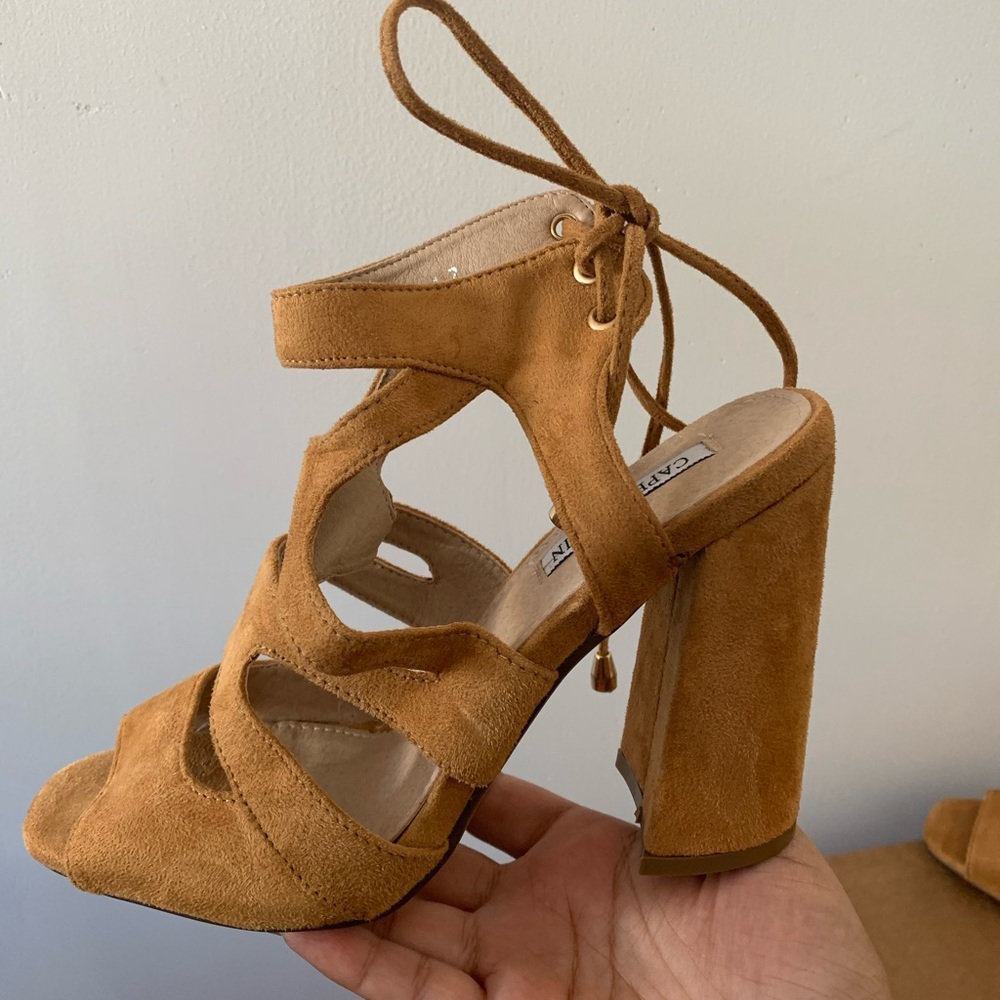 On the Flare Tan Suede Caged Heels